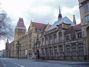 manchester; lancashire; landmark; universitry; building; gothic; gothic revival; tower; education; eductional; establishment; road; oxford road, learning, outside, big, exterior